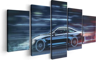 Artaza Canvas Schilderij Vijfluik Zwarte Sportwagen Auto - 100x50 cm - Wanddecoratie Woonkamer - Schilderijen - Muurdecoratie