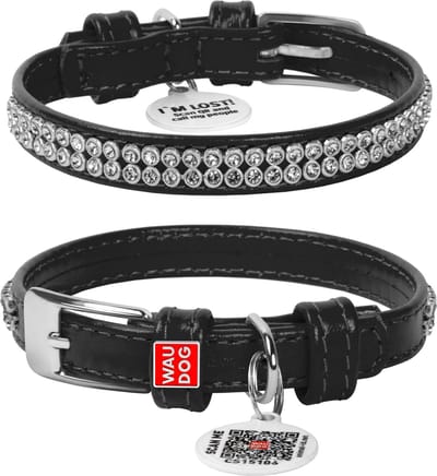 WAUDOG Glamour Halsband / Hondenhalsband - Echt Leder - Zwart met Strass steentjes - XS - Breedte: 12 mm - Nekomtrek: 21 - 29 cm (GELIEVE ALVORENS BESTELLEN OPMETEN)