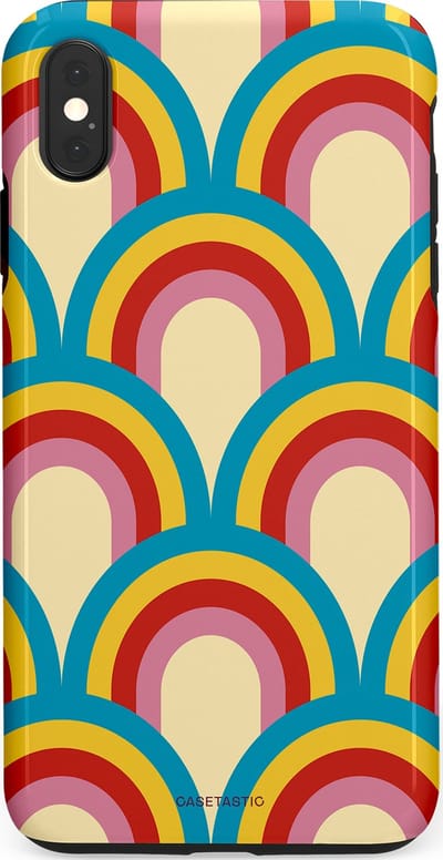 Casetastic hoesje geschikt voor Apple iPhone XS Max - Dubbellaagse bescherming - Retro regenboog - Fashion Case - Lichtblauw Crème Goud Rood