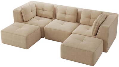 Komhtom U-vormige hoekbank zonder frame, modulaire bank met verschillende delen en een chaise longue, geschikt voor de woonkamer, 3-zits bank met touwbekleding en diepe zitting, geen montage nodig, beige
