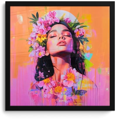 Poster in lijst - Fotolijst 40x40 cm - Posters - Portret - Bloemenkroon - Vrouw - Posterlijst zwart - Decoratie - Wanddecoratie woonkamer - Muurdecoratie slaapkamer