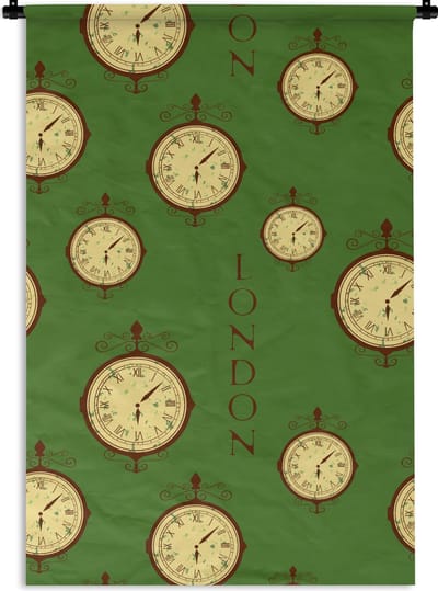 Wandkleed - Wanddoek - Londen - Vintage - Klok - Patroon - 60x90 cm - Wandtapijt