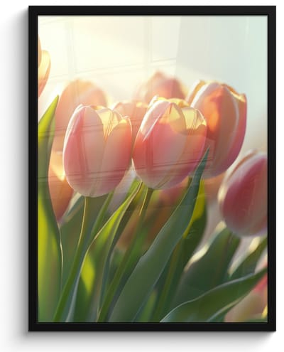Poster in lijst - Fotolijst 50x70 cm - Posters - Tulpen - Roze - Zonnestralen - Posterlijst zwart - Decoratie - Wanddecoratie woonkamer - Muurdecoratie slaapkamer