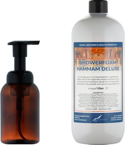 Foam Zeepdispenser 300 ml amber bruin hervulbaar + 1 liter Foam Hammam Deluxe navulling