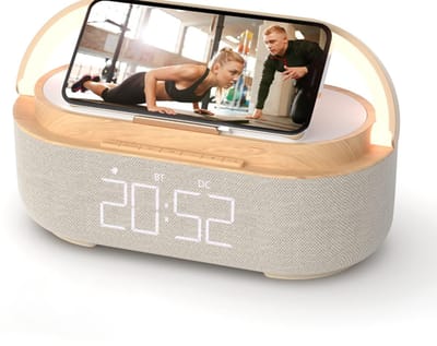 Bluetooth-luidspreker met wekkerfunctie, draadloze oplader, FM-radio, verstelbaar LED-nachtlampje, 6-in-1 draagbare luidspreker voor de slaapkamer (1800 mAh), telefoonhouder voor naast het bed, thuis, op kantoor, cadeau (hout)