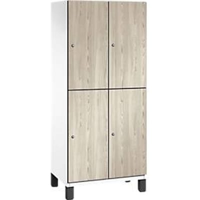C+P Double-store locker Cambio, 2 vakken, 4 legplanken, op poten, B 800 x D 525 x H 1980 mm, verkeerswit / essenhout decor