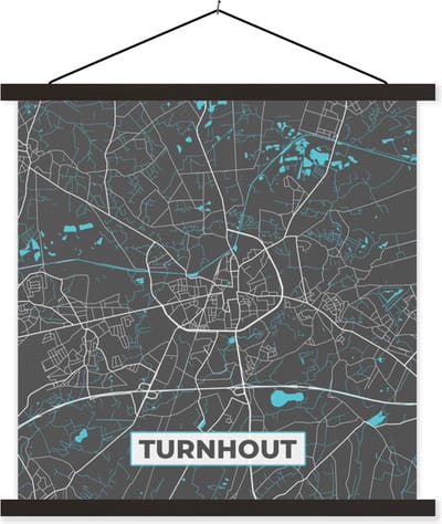 Posterhanger incl. Poster 60x60 cm - Schoolplaat - Stadskaart – Grijs - Kaart – Turnhout – België – Plattegrond - Textielposter - Zwarte latten - Stadskaart