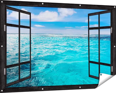 Gards Tuinposter Doorkijk Blauwe Caribische Zee Water - 150x100 cm - Tuindoek - Tuindecoratie - Wanddecoratie buiten - Tuinschilderij