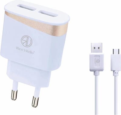 Oplader Rico Vitello, thuislader 2,4A  en kabel 1 meter wit, USB Type-C /geschikt voor Samsung S8../S9../S10.., S20../S21..A serie/ Huawei/HTC/Nokia Lumia/LG/ Xiaomi Mi met Type-C oplaadpoort Wit , travel charger