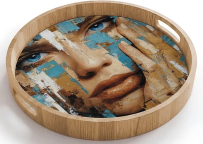 Dienblad rond 40x40 cm - Schootdienblad hout - Abstract - Penseelstreken - Blauw - Gezicht - Borrelplank rechthoek - Plateau houten dienbladen