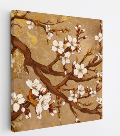 Saammp Canvas Schilderij - Witte bloessem aan tak - Beige - Bloemen - Abstract - 20x20 - Foto op canvas - Wanddecoratie - Muurdecoratie Woonkamer - Kantoor Decoratie