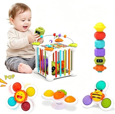 4-in-1 Baby Zintuiglijk Montessori Speelgoed Set - Magische Kubus Vorm Sorteerder met Stapblokken & 3 Stuks Zuignap Spinner Fidget Speelgoed - Vroegopvoedend Fijne Motoriek Speelgoed voor Peuters 1-3 Jaar