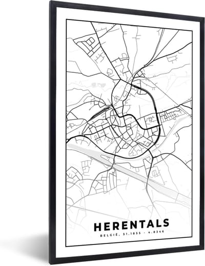 Fotolijst incl. Poster Zwart Wit- Stadskaart – Plattegrond – België – Zwart Wit – Herentals – Kaart - 40x60 cm - Posterlijst