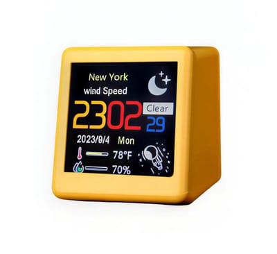 Klein Draagbaar Slim Wifi Weerstation – Temperatuur, Vochtigheid, Hygrometer, Digitale Tijd, Wekker, Binnen- en Buitentemperatuur, Desktopdecoratie, Bureau Gadget voor Thuis, Kantoor, Slaapkamer en Keuken- GEEL