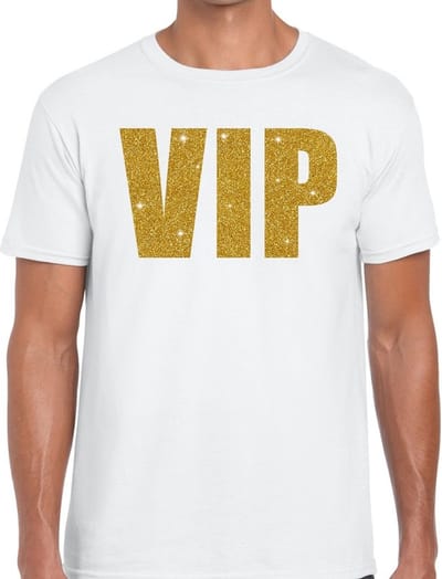 Bellatio Decorations Verkleed glitter T-shirt voor heren - wit - VIP - glitter goud - foute party S