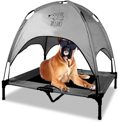 Verhoogd Hondenhok - Hondenbed Verhoogd - Buiten Rusten - Met Zonnedak - 91 x 76 cm - Grijs