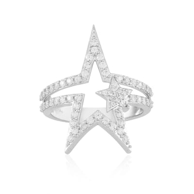 Cavill - Luxe 925 Sterling Zilver Ring met Platina - 65 Cambodja Zirkonen 1,168 Ct - Dubbele Band Stervormen - Elegante Damesring