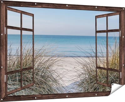 Gards Tuinposter Doorkijk Strand en Zee vanuit de Duinen - 180x120 cm - Tuindoek - Tuindecoratie - Wanddecoratie buiten - Tuinschilderij
