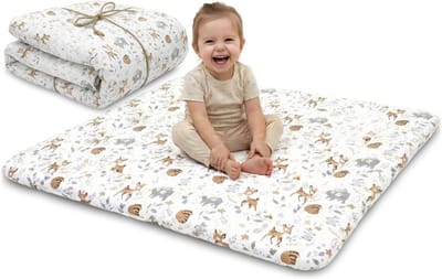 RONN® Speelgoedkleed Baby met Boog - Babygym- Babykleed - met Rammelaars - Herten - Wit/Bruin - 100cm x 100cm x 1cm