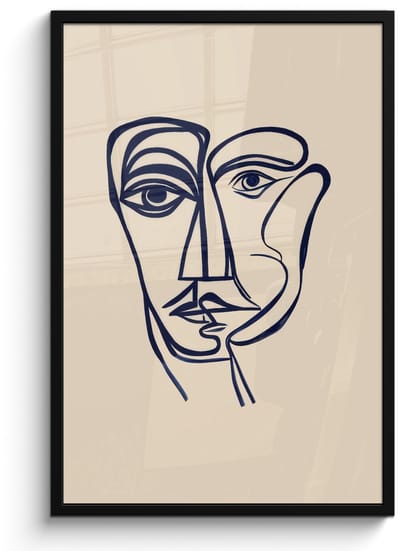 Poster in lijst - Fotolijst 60x90 cm - Posters - Minimalistisch - Lijnillustratie - Beige - Donkerblauw - Posterlijst zwart - Decoratie - Wanddecoratie woonkamer - Muurdecoratie slaapkamer
