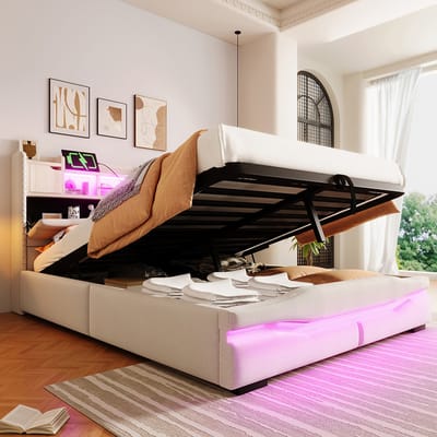 Komhtom Bekleed bed, 140 x 200 cm, met USB-C-aansluiting voor het opladen van uw apparaten, sfeerverlichting met afstandsbediening onder het bed, hoofdeinde met opbergvak, bed met hydraulisch opbergvak, zonder matras, met ledverlichting, beige