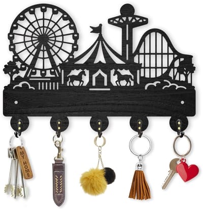 Dailygoods- Sleutelhouder Houten Pretparkontwerp - Wandmontage - 5 Haken - Decoratieve Kapstok - 30 x 20 cm - Duurzaam Hout - Wandhaak