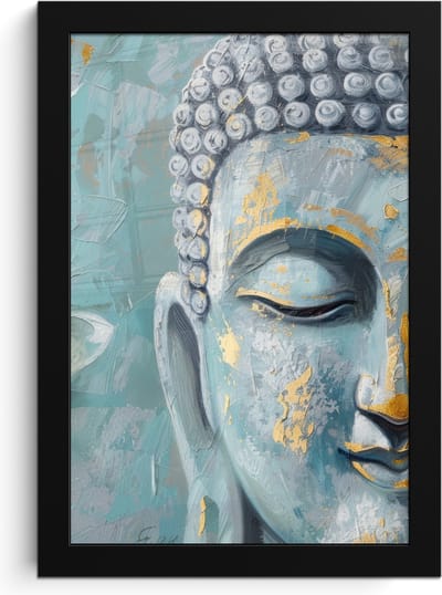 Poster in lijst - Fotolijst 20x30 cm - Posters - Boeddha - Bloem - Lotus - Goud - Blauw - Posterlijst zwart - Decoratie - Wanddecoratie woonkamer - Muurdecoratie slaapkamer