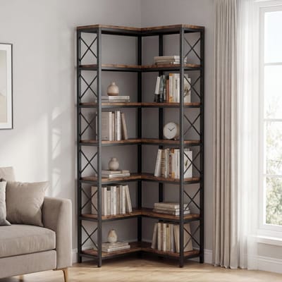 Tribesigns Boekenkast - Hoek Boekenkast met 7 Planken - Industrieel Grote Hoekplank - Spaanplaat - 60 x 60 x 200 cm - Bruin/Zwart