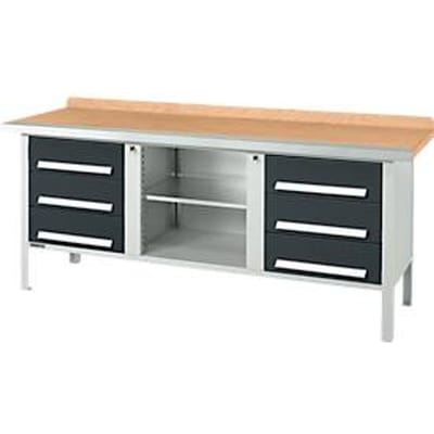 Box-type werkbank Schäfer Shop Select PW 200-2, beuken multiplex blad, met stalen rand, tot 750 kg, B 2000 x D 700 x H 840 mm, antraciet