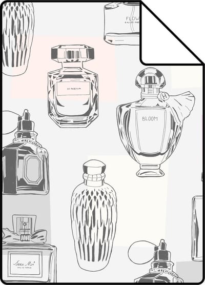 Proefstaal ESTAhome behang parfum flesjes lila paars, licht perzikroze, grijs en wit - 26.5 x 21 cm - 138856-S