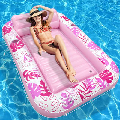 Roze Tropisch Blad Opblaasbaar Waterbed (176×114cm) – Extra Groot Luxe Drijfbed met Hoofdsteun en Drinkhouder, Geschikt voor Zwembad en Tuin