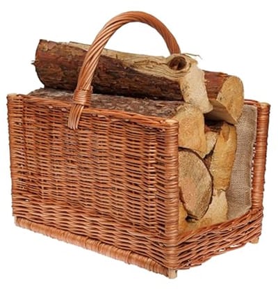 Rieten mand vierkant met handvat | open haard mand voor brandhout | handgeweven en jute bekleed