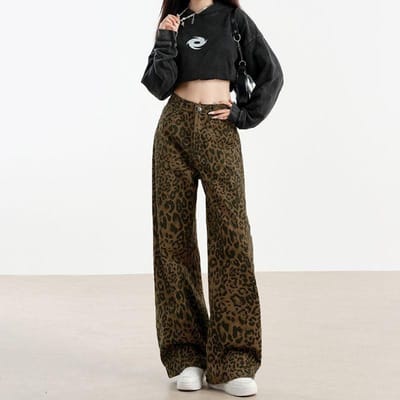 Retro Luipaardprint Wijde Pijpen Jeans voor Dames In Lente en Herfst High Street Losse Rechte Broek Casual Vloerbroek M black