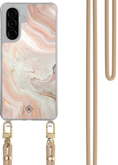 Casimoda® hoesje met beige koord - Geschikt voor Samsung A26 - Marmer Waves - Afneembaar koord - TPU/polycarbonaat - Bruin/beige