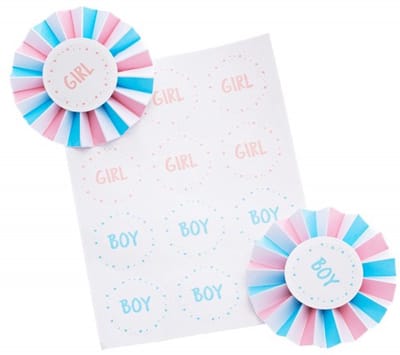 Chaks Baby Gender Reveal 12x stickers en 6x badges - roze/blauw - Team Boy or Girl - baby party