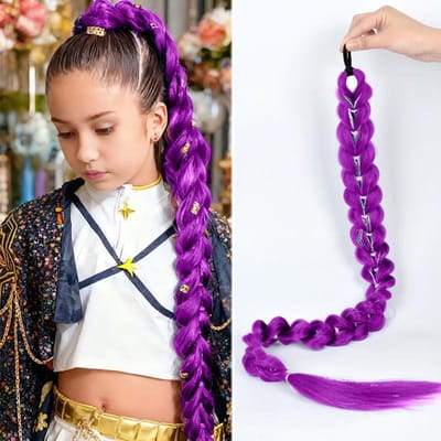 Paarse Heksenjacht Groep Cosplay Anime Pruik Met Dezelfde Hoofdband Gouden Draad Paardenstaart Pruik Vlecht 32inches purple