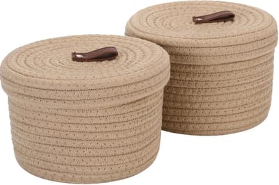 Team Set van 2 katoenen touwopbergmanden, ronde organizer met deksel voor thuis, badkamer, bureau, 2-liter multifunctionele container voor speelgoed, toiletartikelen, kaki