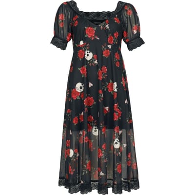 Jawbreaker - Rockabilly Midi-jurk - Skull And Rose Print Lace Panel Midi Dress - XS tot L - voor Vrouwen - meerkleurig
