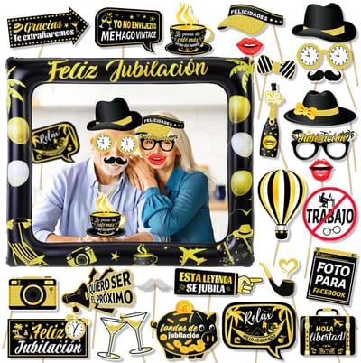 Dailygoody - Fotocabine-rekwisieten - Pensioenfeest - Zwart-Goud - Opblaasbare fotolijst - 29-delig - Geschikt voor volwassenen - Veilig en leuk
