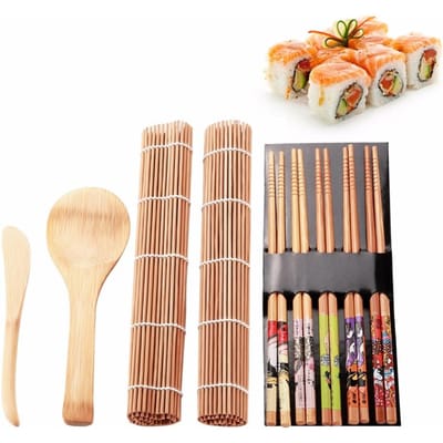 Bamboe Sushi Maker Set Sushi Rolmat Kits Sushi Gordijn Mes Lepel en Eetstokjes Set beige