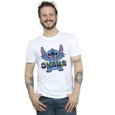Disney Heren Lilo en Stitch Ohana Blauw Glitch T-shirt (Wit)
