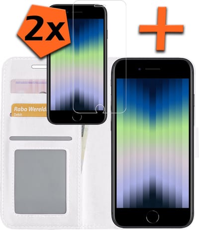 Hoes - Met 2x Screenprotector - Geschikt voor Apple iPhone SE (2022) - Luxe Pasjeshouder - Bookcase Portemonee - Flip Case - Kunstleer Book Case - Flipcase Hoes - Book Cover - Walletcase - PortemonneeHoes - Wit