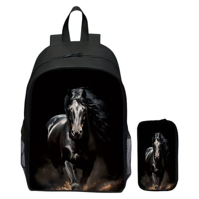 Rugzak dames | Zwarte Paarden Rugzak | Galopperende Paarden Rugzak | Paardenpatroon Rugtas | Rugzak meisje | Mooie Rugzakken met een Paard | Paarden Etui | Paarden Rugzak Pakket | 15 liter