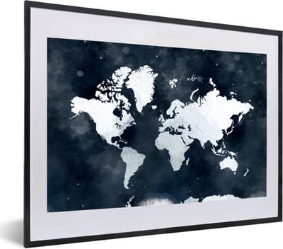 Poster in lijst - Fotolijst 60x40 cm - Posters - Wereldkaart - Blauw - Waterverf - Posterlijst zwart - Decoratie - Wanddecoratie woonkamer - Muurdecoratie slaapkamer