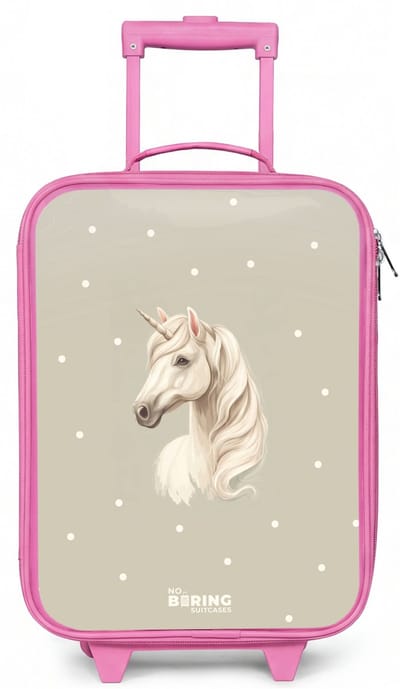 NoBoringSuitcases.com® - Kinderkoffer roze - Kindertrolley meisje - Eenhoorn omringd door stippen in neutrale kleuren - Koffer kind lichtgewicht - Reiskoffer trolley voor kinderen - Koffertje met lichtgevende wieltjes - Rolkoffer