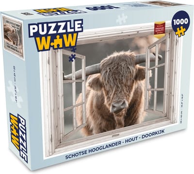 Puzzel Schotse hooglander - Hout - Doorkijk - Legpuzzel - Puzzel 1000 stukjes volwassenen