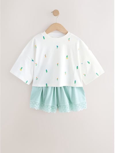 Next - Meisjes - Set van T-shirt en short met textuur - Crème