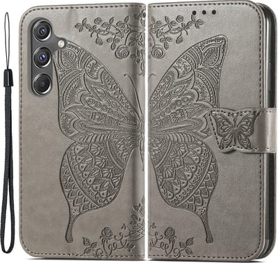 Coverup Hoesje - Geschikt voor Samsung Galaxy A15 Hoesje - Coverup Vlinder Book Case - Taupe Grijs