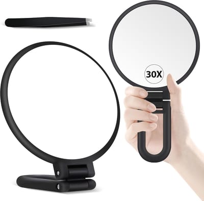 30x vergrootglas, handspiegel met handvat, dubbelzijdige handspiegel met 30x/1x vergroting, reisbenodigdheden draagbare opvouwbare make-upspiegel, zwart