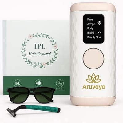 Aruvaya Premium IPL Laser Ontharingsapparaat - Ontharingsapparaten - 1.000.000 Flitsen - Ice Cooling Functie - 5 standen - Hele Lichaam - Voor Gevoelige Huid - Voor Elk Huid en Haartype - Haarvrij - Inclusief Scheermesje & Beschermbril